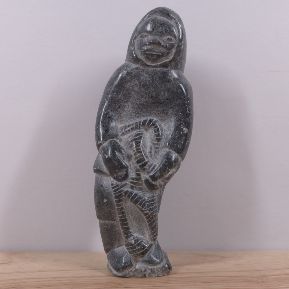 VTG Inuit Fisherman Soapstone Carving Signed 7" Canada Eskimo Art Igloo Tag
